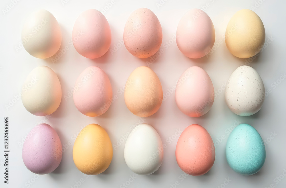 multicolored chicken eggs in a row on a white background with copy space and place for text. Easter banner or food theme multicolored chicken eggs in a row on a white background with copy space and place for text. Easter banner or food theme