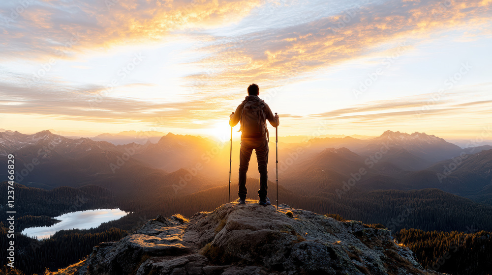Fototapeta premium hiker standing on mountain peak, admiring breathtaking sunset view