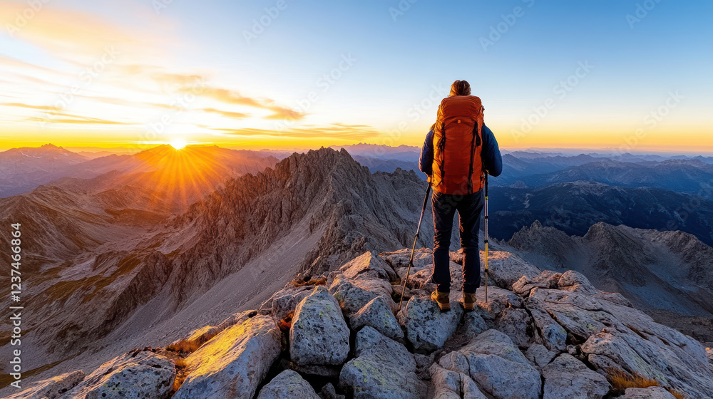 Obraz premium hiker standing on mountain peak, admiring breathtaking sunset view