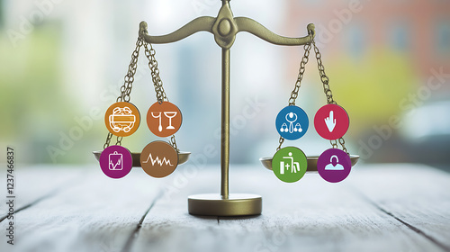 Balanced Scales with Colorful Healthcare Icons