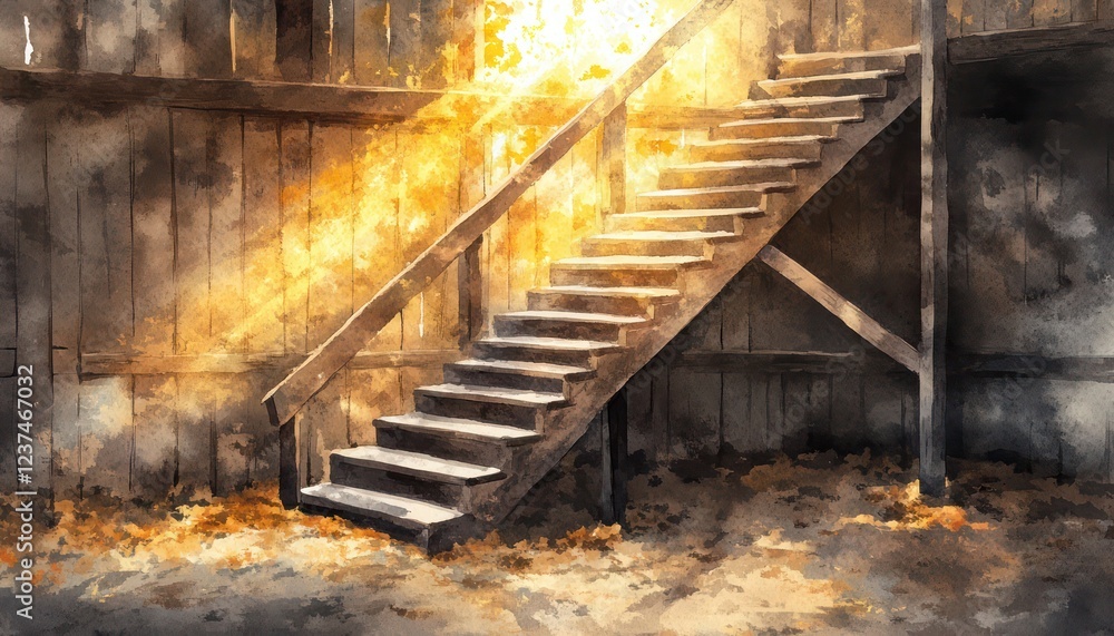 Rustic Watercolor Stairs in a Barn Setting with Golden Sunlight and Wood Rustic Watercolor Stairs in a Barn Setting with Golden Sunlight and Wood