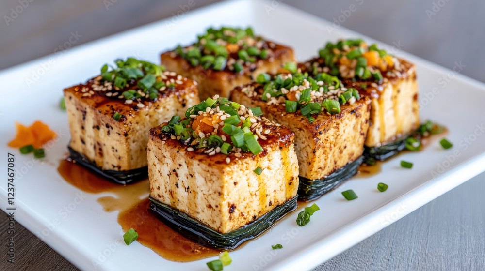 Steamed tofu dish wrapped in kelp, garnished with green onions and sesame Steamed tofu dish wrapped in kelp, garnished with green onions and sesame