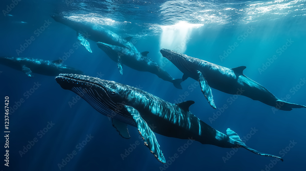 Naklejka premium Majestic Pod of Whales Swimming Underwater