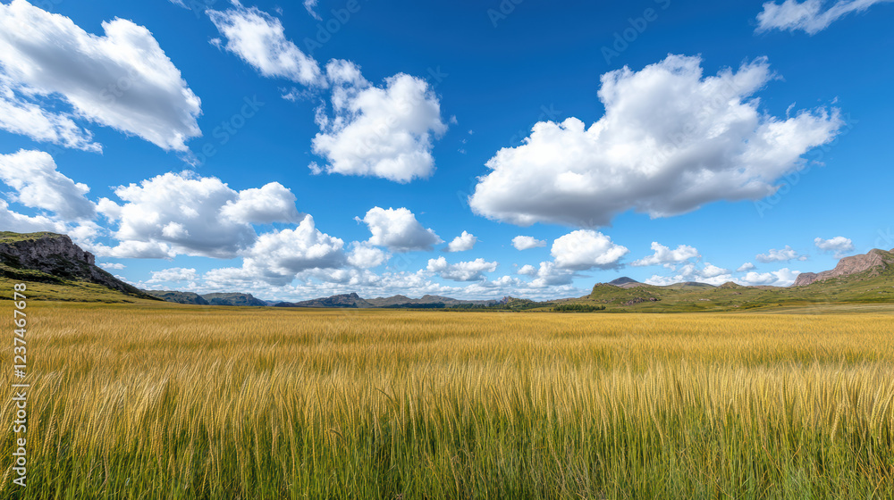 serene landscape of golden grain fields under bright blue sky serene landscape of golden grain fields under bright blue sky