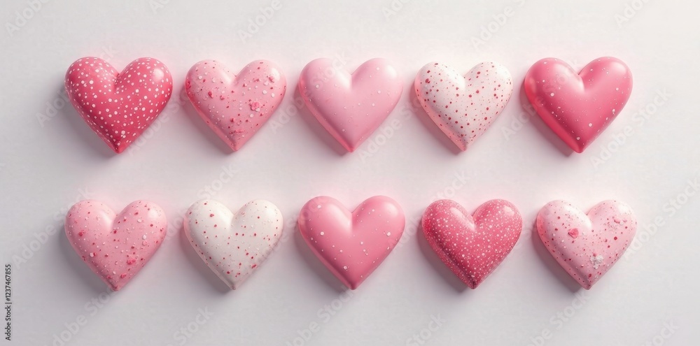 A Delicate Arrangement of Pink Heart-Shaped Confections, Each Uniquely Decorated with Subtle Sprinkles, Creates a Romantic and Festive Display A Delicate Arrangement of Pink Heart-Shaped Confections, Each Uniquely Decorated with Subtle Sprinkles, Creates a Romantic and Festive Display