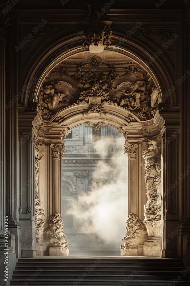 Ornate archway, building interior, misty background, architectural detail, design inspiration Ornate archway, building interior, misty background, architectural detail, design inspiration