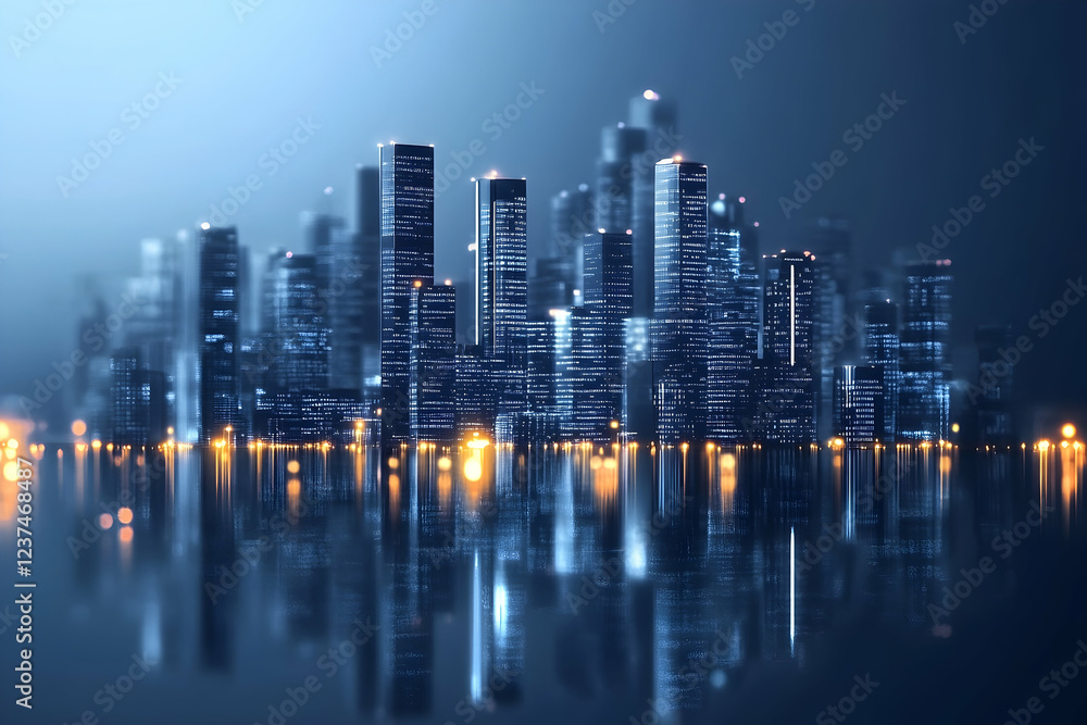 Fototapeta premium Cityscape Reflections: A mesmerizing cityscape silhouette bathed in a cool blue hue, its towering structures reflected in the calm waters below.