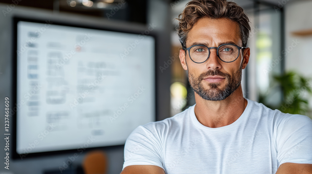 self employed professional in modern office setting, confidently using digital whiteboard self employed professional in modern office setting, confidently using digital whiteboard