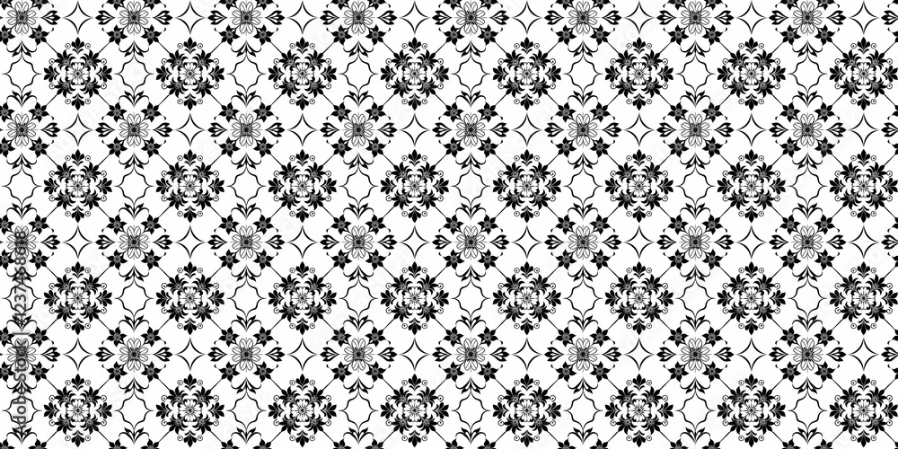 Seamless black and white floral pattern with geometric design Seamless black and white floral pattern with geometric design