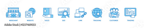 Affiliate marketing icon set flow process which consists of trading, seo, tracking, customer, link, sales, website, merchant icon live stroke and easy to edit .