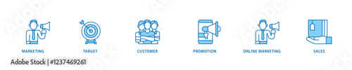 Advertising icon set flow process which consists of marketing, target, customer, promotion, online marketing, and sales icon live stroke and easy to edit .