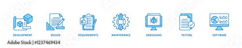 Agile icon set flow process which consists of development, design, requirements, maintenance, debugging, testing and software icon live stroke and easy to edit .
