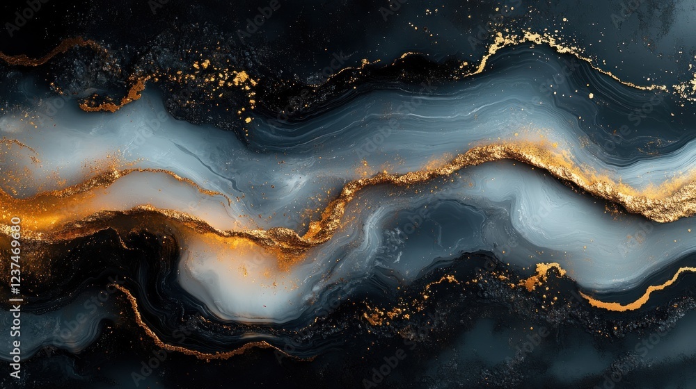 Abstract fluid art with gold and blue waves on dark background Abstract fluid art with gold and blue waves on dark background
