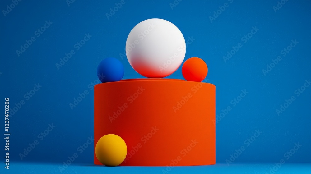 Abstract Balance: Colorful spheres and cylinder in a vibrant composition. A white sphere rests atop an orange cylinder, balanced by smaller blue and orange spheres, against a deep blue backdrop. Abstract Balance: Colorful spheres and cylinder in a vibrant composition. A white sphere rests atop an orange cylinder, balanced by smaller blue and orange spheres, against a deep blue backdrop.