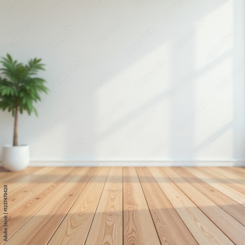 Minimalist Room with Sunlight and Plant on Wooden Floor. Great for use in interior design websites, real estate listings, and home decor magazines Minimalist Room with Sunlight and Plant on Wooden Floor. Great for use in interior design websites, real estate listings, and home decor magazines