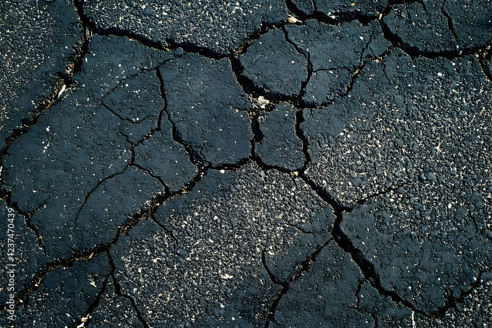 Fototapeta premium Abstract Crackled Texture: A mesmerizing close-up of a deep, dark, cracked surface, evoking a sense of raw, natural beauty and textural contrast. Its stark.