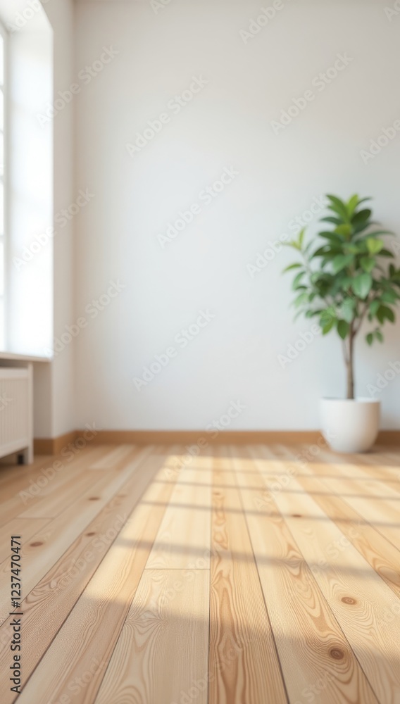 Minimalist Room with Sunlight and Plant on Wooden Floor. Great for use in interior design websites, real estate listings, and home decor magazines Minimalist Room with Sunlight and Plant on Wooden Floor. Great for use in interior design websites, real estate listings, and home decor magazines