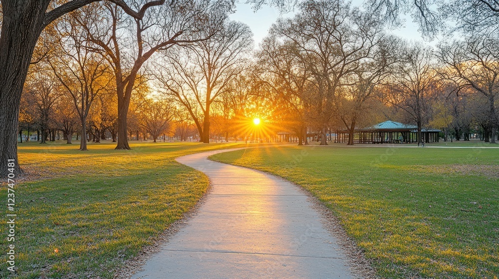 Serene Sunset Stroll: A picturesque park path bathed in the golden hues of sunset. Serene Sunset Stroll: A picturesque park path bathed in the golden hues of sunset.