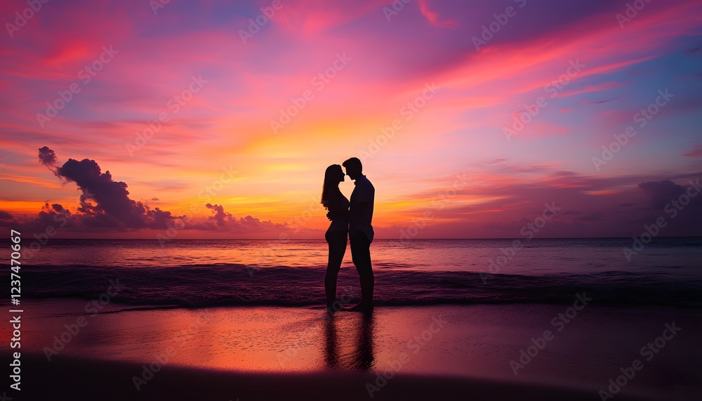 Fototapeta premium Silhouette Couple Embraces at Romantic Beach Sunset