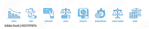 Bankruptcy icon set flow process which consists of bank ,court order, legal, moratorium, process, creditor, debt, crisis icon live stroke and easy to edit .