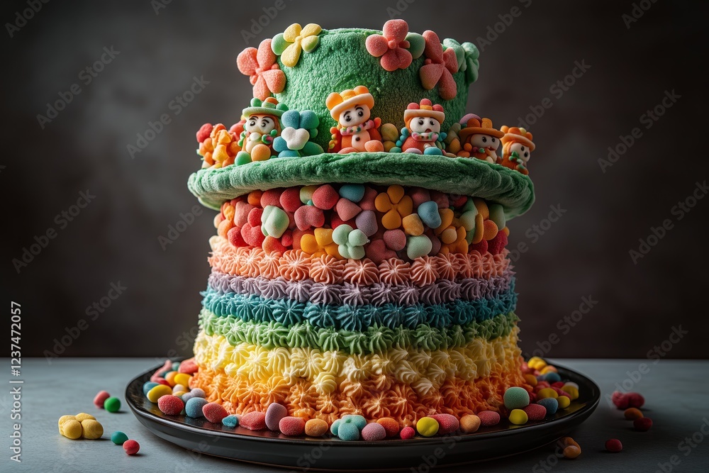 St. Patrick's Day Cake. green, hat-shaped cake with rainbow-colored frosting, filled and decorated inside with colorful miniature marshmallows in the shape of leprechauns St. Patrick's Day Cake. green, hat-shaped cake with rainbow-colored frosting, filled and decorated inside with colorful miniature marshmallows in the shape of leprechauns