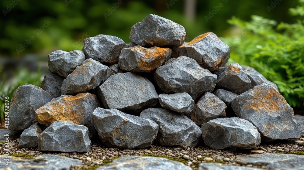 Gray and orange rocks pile, garden background, landscaping Gray and orange rocks pile, garden background, landscaping