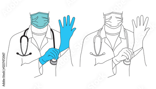 Doctor Putting Glove, Medical Concept,  Line Art, Vector Illustration.