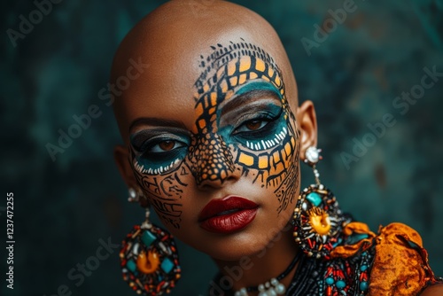 Bold face paint on african female adult with vibrant jewelry photo