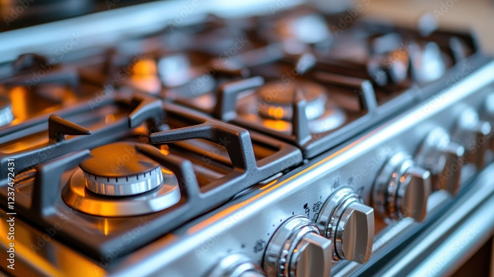 Close-up of Modern Stainless Steel Gas Stovetop Burners with Controls Close-up of Modern Stainless Steel Gas Stovetop Burners with Controls