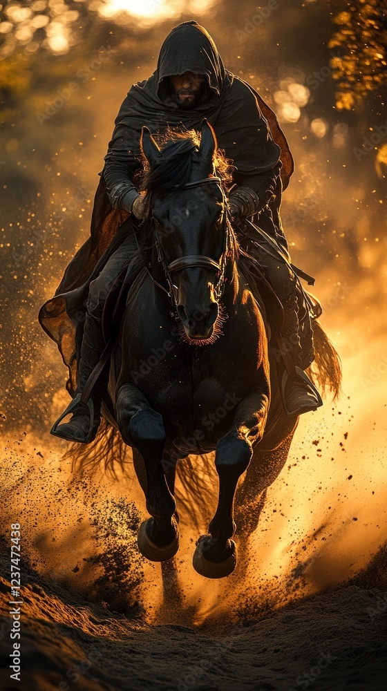 Fototapeta premium Dark cloaked rider gallops through golden dust at sunset