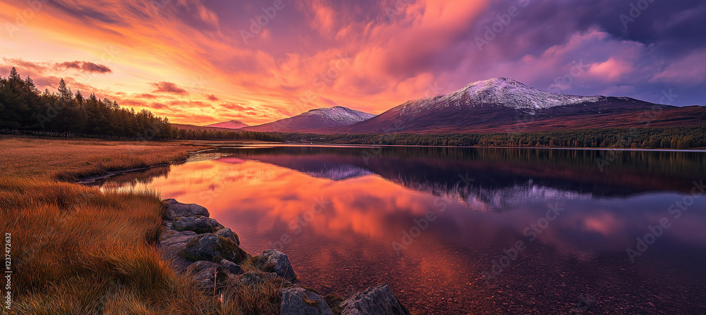 Obraz premium Amazing mountain landscape with colorful vivid sunset on the bright sky, natural outdoor travel background