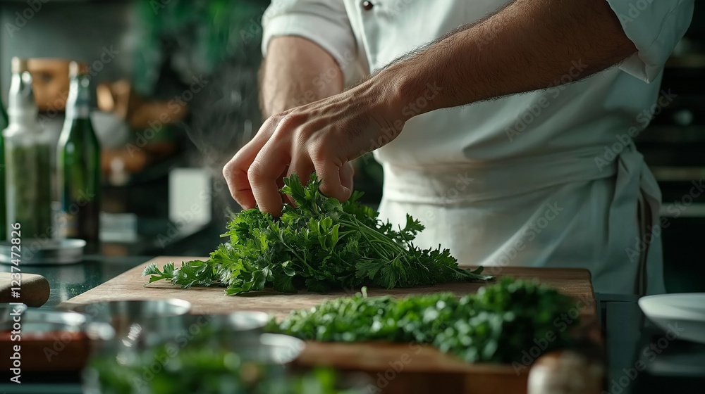 Chef preparing parsley on cutting board in restaurant kitchen Chef preparing parsley on cutting board in restaurant kitchen