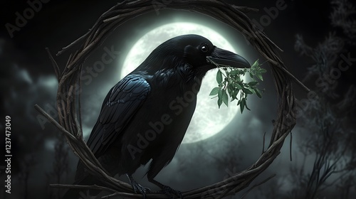 Black Raven Perched on Branches Under Moonlight