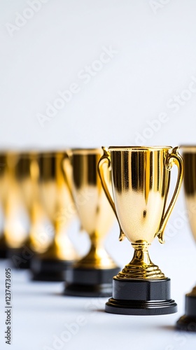 Golden trophies in a row, victory concept, studio background, success imagery