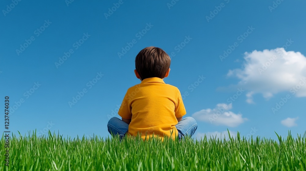 Child Contemplating: A young boy in a yellow shirt sits cross-legged in a field of lush green grass, his back to the camera, gazing up at the vast blue sky. Child Contemplating: A young boy in a yellow shirt sits cross-legged in a field of lush green grass, his back to the camera, gazing up at the vast blue sky.
