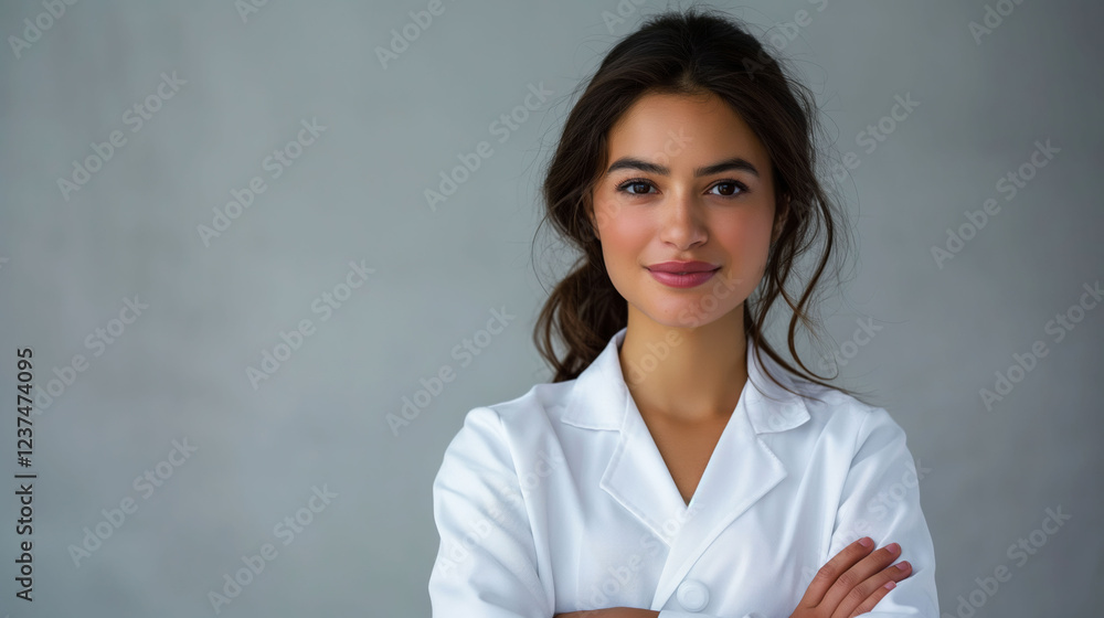 Confident veterinarian in white coat with crossed arms against a neutral gray background Confident veterinarian in white coat with crossed arms against a neutral gray background