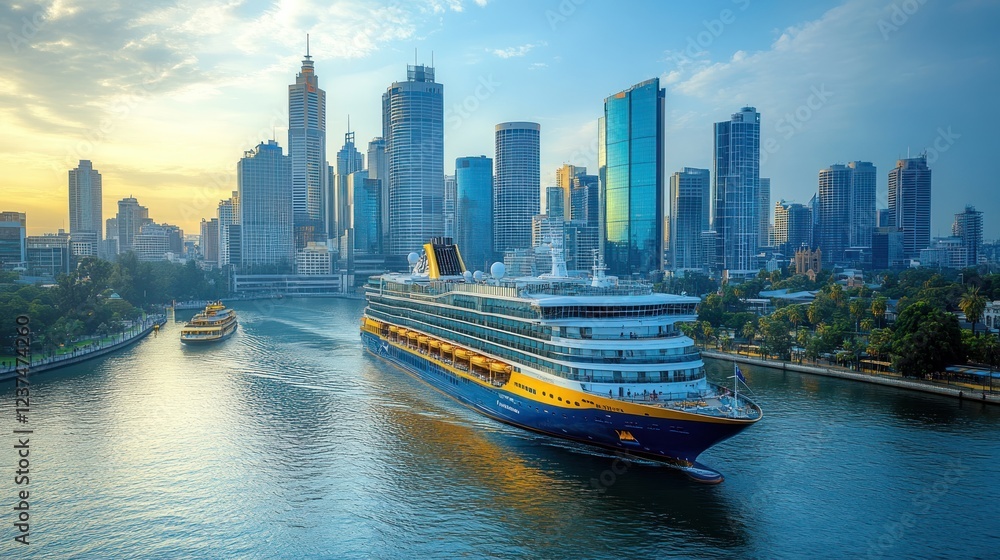 Fototapeta premium Cruise Ship Sailing Past Sydney Skyline at Sunset