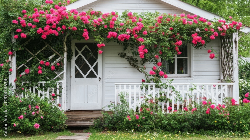 Fototapeta premium A charming flower garden in a French home style, with trellises, blooming flowers, and manicured shrubs.