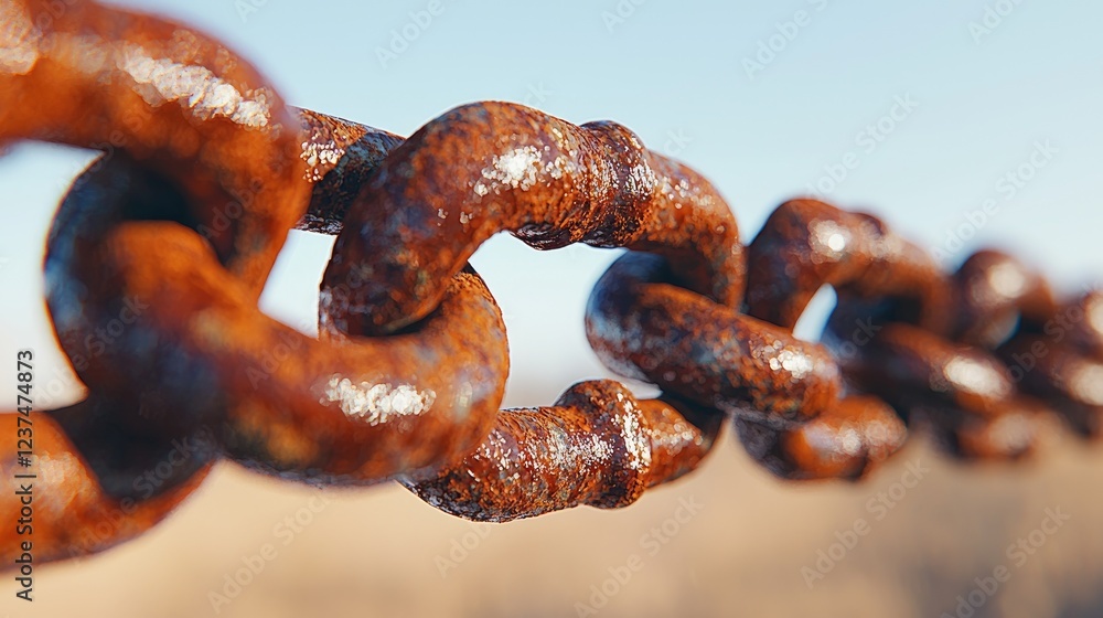 Rusty chain links close-up, blurred field background Rusty chain links close-up, blurred field background