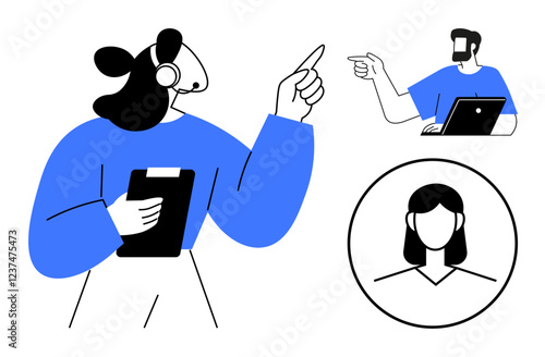 Woman with headset holding clipboard and pointing, another person pointing from a laptop, and a third person in a profile circle. Ideal for teamwork, virtual meetings, communication, customer photo