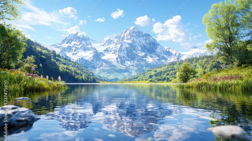 Fototapeta premium Serene mountain lake, spring wildflowers, sunny sky, calm water reflection