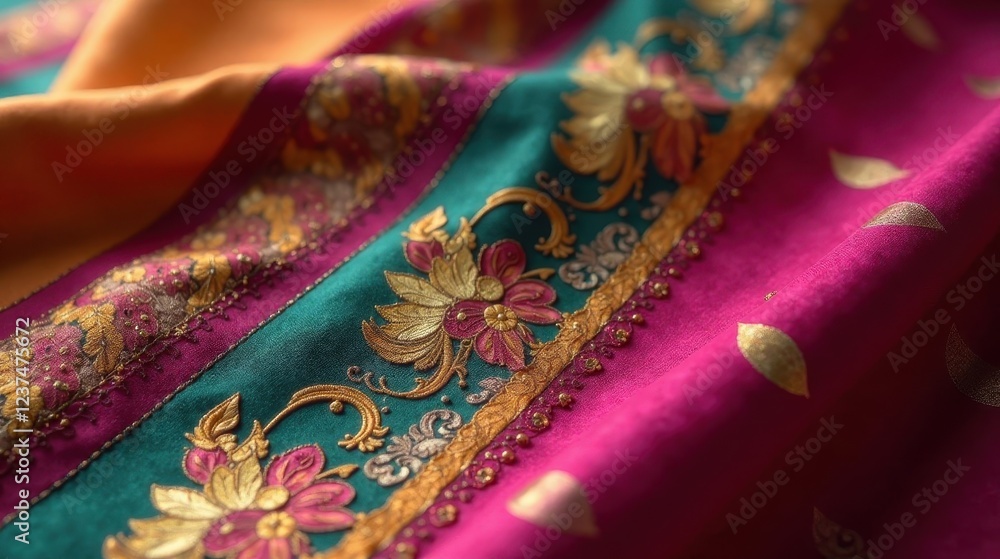 Close-up View of Luxurious Fabric with Intricate Gold Embroidery and Vibrant Hues Close-up View of Luxurious Fabric with Intricate Gold Embroidery and Vibrant Hues