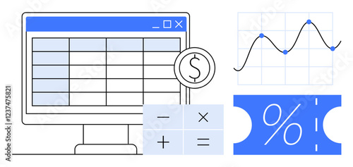 Computer monitor with spreadsheet, graph with data points, calculator with arithmetic operations, and discount percentage symbol. Ideal for finance, data analysis, investment, budgeting, accounting