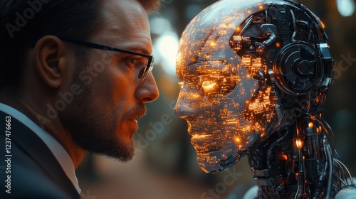 A human and an AI robot face each other, both wearing suits and glasses. The man has short hair and is looking at the artificial intelligence. In front of them, there is digital data on display, indic photo