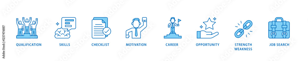 Career icon set flow process which consists of define goal, checklist, strengths weaknesses, motivation, qualification, support and success icon live stroke and easy to edit . Career icon set flow process which consists of define goal, checklist, strengths weaknesses, motivation, qualification, support and success icon live stroke and easy to edit .