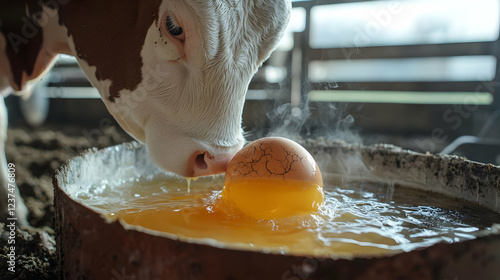 Cow drinking from a trough with a floating egg unusual farm scene concept of animal care and feeding