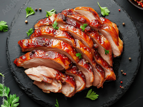 Sliced duck with vegetables on a black plate and background, top view. Chinese holiday food concept.