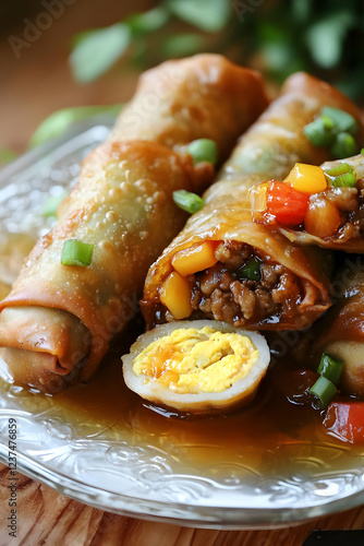Crispy fried lumpia rolls with savory filling garnished with green onions and quail egg served in sa