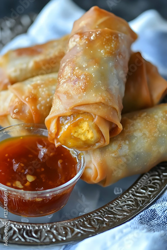 Golden fried egg rolls with sweet chili dipping sauce crispy appetizer for parties and restaurants s