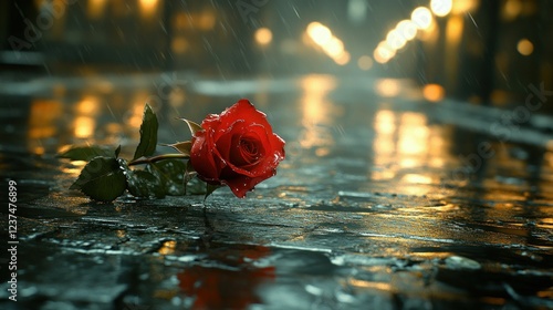 Solitary Rose in the Rain: A Nighttime Scene of Romance and Melancholy